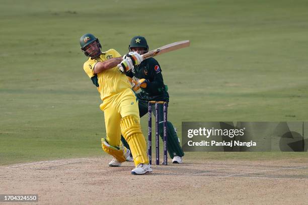 Glenn Maxwell of Australia plays a shot during the ICC Men's Cricket World Cup India 2023 warm up match between Pakistan and Australia at Rajiv...