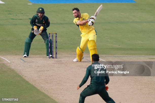 Glenn Maxwell of Australia plays a shot during the ICC Men's Cricket World Cup India 2023 warm up match between Pakistan and Australia at Rajiv...