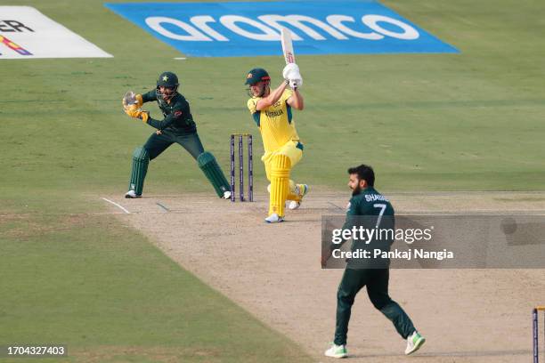 Cameron Green of Australia plays a shot during the ICC Men's Cricket World Cup India 2023 warm up match between Pakistan and Australia at Rajiv...