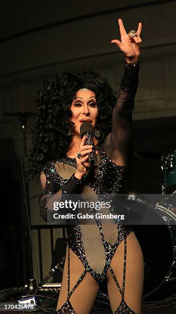 Cher impersonator Stephen Wayne from the show "Divas" performs at the closing night party for the U.S. Travel Association's International Pow Wow at...
