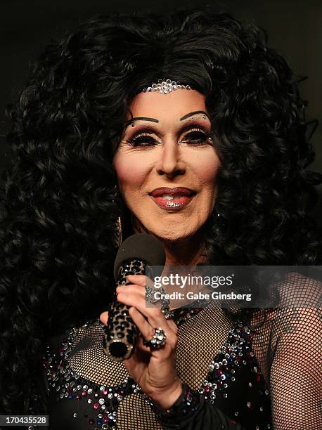 Cher impersonator Stephen Wayne from the show "Divas" performs at the closing night party for the U.S. Travel Association's International Pow Wow at...