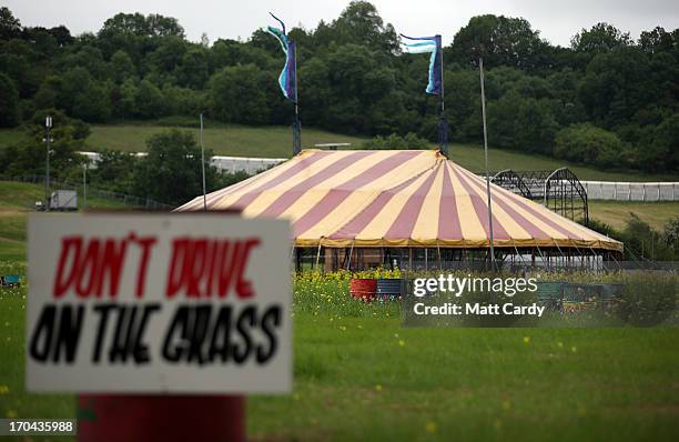 The grass grows around a marque in The Park field at the Glastonbury Festival of Contemporary Performing Arts site at Worthy Farm, in Pilton on June...
