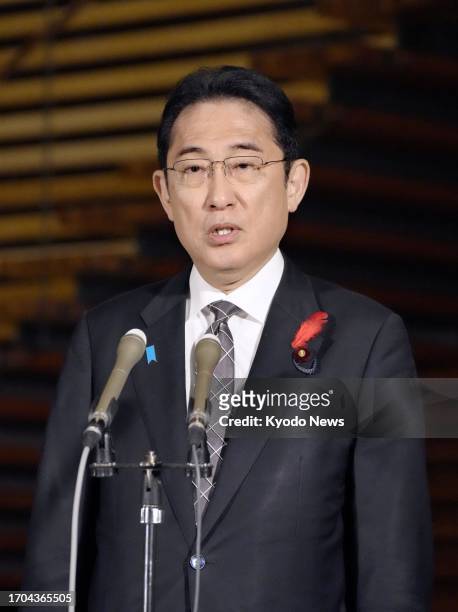 Japanese Prime Minister Fumio Kishida speaks to reporters at the premier's office in Tokyo on Oct. 3, 2023.