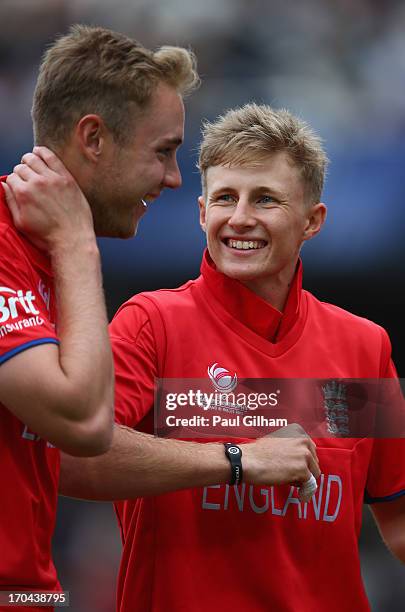 Joe Root of England shares a joke with team-mate Stuart Broad of England during the ICC Champions Trophy Group A match between England and Sri Lanka...