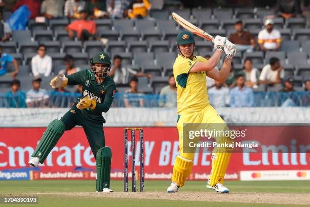 Cameron Green of Australia plays a shot during the ICC Men's Cricket World Cup India 2023 warm up match between Pakistan and Australia at Rajiv...