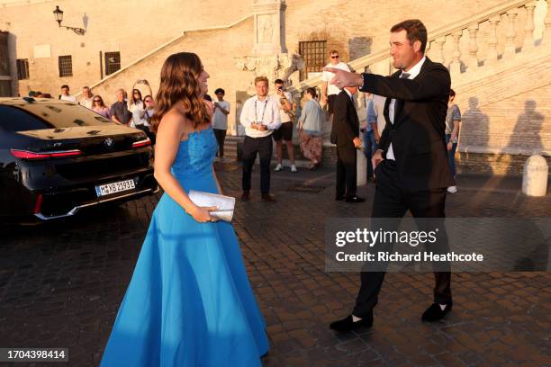 Scottie Scheffler of Team United States and wife Meredith Scudder arrive at the Spanish Steps prior to the 2023 Ryder Cup at Marco Simone Golf Club...