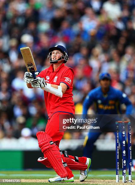 Joe Root of England hits out during the ICC Champions Trophy Group A match between England and Sri Lanka at The Kia Oval on June 13, 2013 in London,...