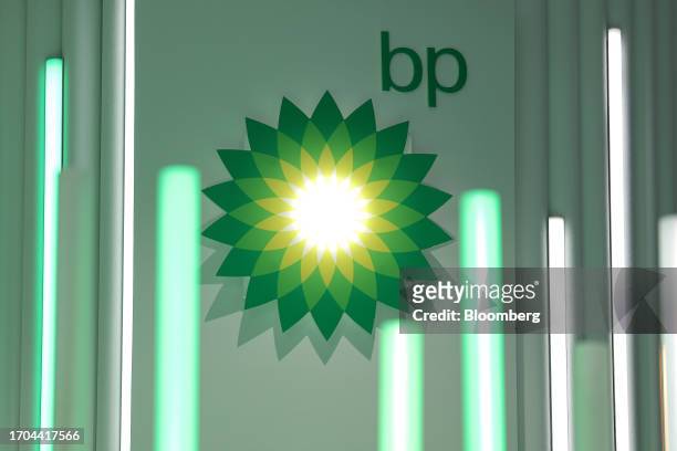 Signage at the BP Plc booth on day two of the Abu Dhabi International Petroleum Exhibition and Conference in Abu Dhabi, United Arab Emirates, on...