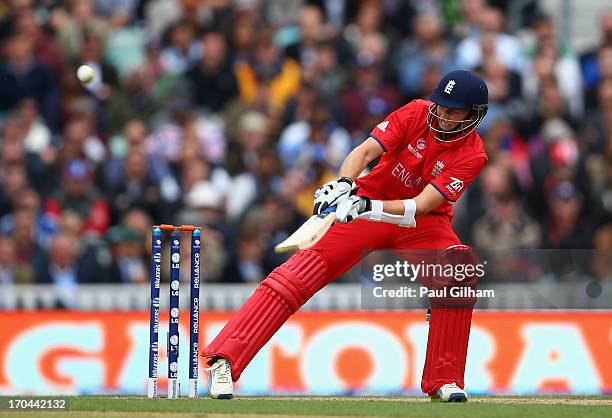 Joe Root of England hits out during the ICC Champions Trophy Group A match between England and Sri Lanka at The Kia Oval on June 13, 2013 in London,...