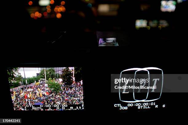 General view of broadcast equipment inside a control room during an online news bulletin broadcast at the headquarters of the state broadcaster ERT...