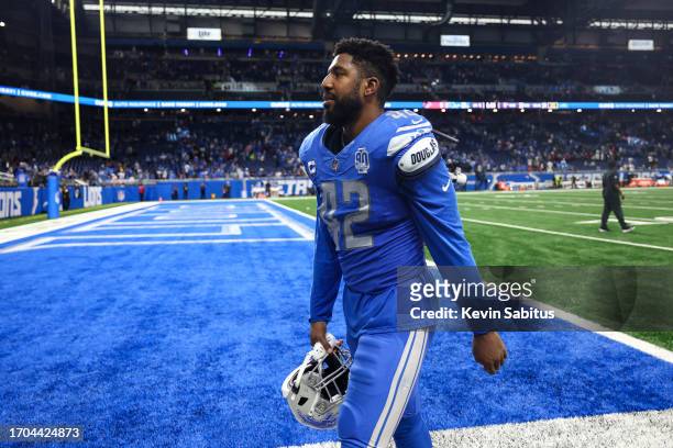 Jalen Reeves-Maybin of the Detroit Lions walks off the field after an NFL football game against the Atlanta Falcons at Ford Field on September 24,...