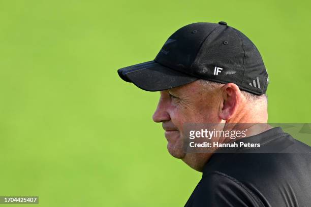 Head coach Ian Foster of the All Blacks looks on during a New Zealand All Blacks training session at LOU rugby club on September 27, 2023 in Lyon,...