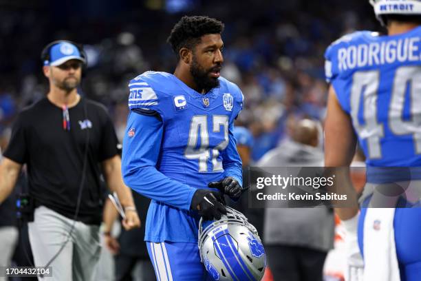 Jalen Reeves-Maybin of the Detroit Lions stands on the sidelines prior to an NFL football game against the Atlanta Falcons at Ford Field on September...