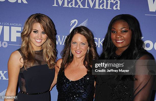 Singer Angie Miller, President of Women in Film Cathy Schulman and Candice Glover attend Women In Film's 2013 Crystal + Lucy Awards at The Beverly...