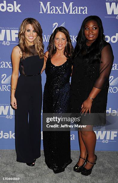 Singer Angie Miller, President of Women in Film Cathy Schulman and Candice Glover attend Women In Film's 2013 Crystal + Lucy Awards at The Beverly...