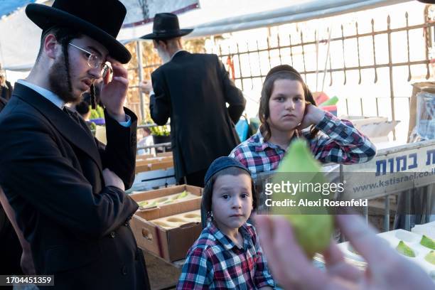 Ultra-Orthodox Jewish boys watch a vendor talk about the etrog at a specialty market in the Ultra-Orthodox neighborhood of Mea Shearim on September...