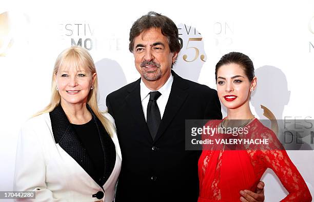 Actor Joe Mantegna poses with his wife Arlene and daughter Gia during the closing ceremony of the 53rd Monte-Carlo Television Festival on June 13,...