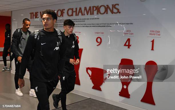 Jarell Quansah of Liverpool arrives for the Carabao Cup Third Round match between Liverpool and Leicester City at Anfield on September 27, 2023 in...