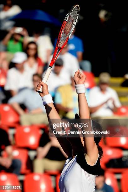 Andrea Petkovic of Germany celebrates after winning her quarterfinal match against Annika Beck of Germany during day six of the Nuernberger Insurance...