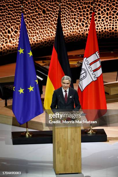 Federal Constitutional Court President Stephan Harbarth addresses the guests of a ceremony in Hamburgs Elbphilharmonie opera house as part of the...