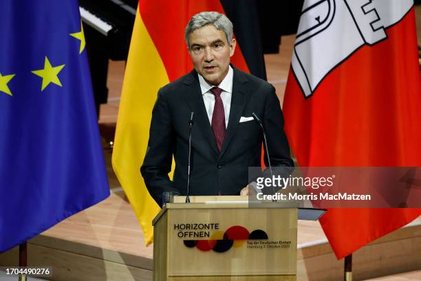 General view shows Federal Constitutional Court President Stephan Harbarth addresses the guests of a ceremony in Hamburgs Elbphilharmonie opera house...