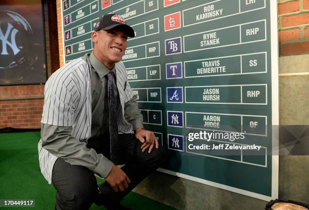 New York Yankees draftee Aaron Judge poses near the draft board at the 2013 MLB First-Year Player Draft at the MLB Network on June 6, 2013 in...