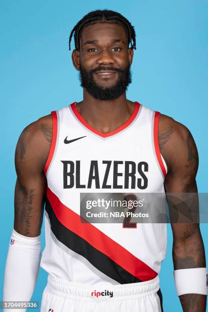 Deandre Ayton of the Portland Trail Blazers poses for head shot during 2023-24 NBA Media Day on October 2, 2023 at the Moda Center Arena in Portland,...