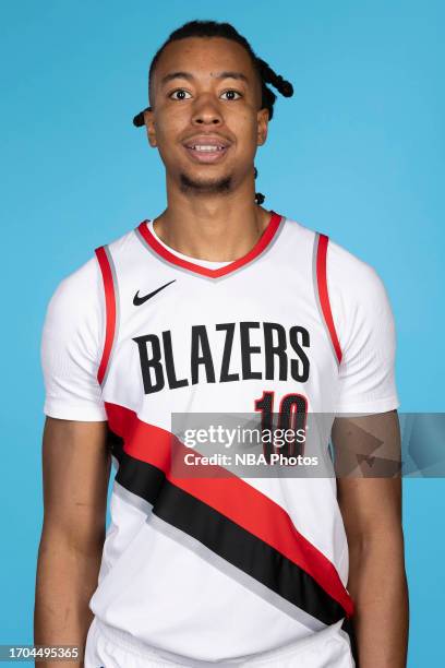 Moses Brown of the Portland Trail Blazers poses for head shot during 2023-24 NBA Media Day on October 2, 2023 at the Moda Center Arena in Portland,...