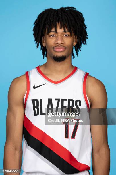 Shaedon Sharpe of the Portland Trail Blazers poses for head shot during 2023-24 NBA Media Day on October 2, 2023 at the Moda Center Arena in...