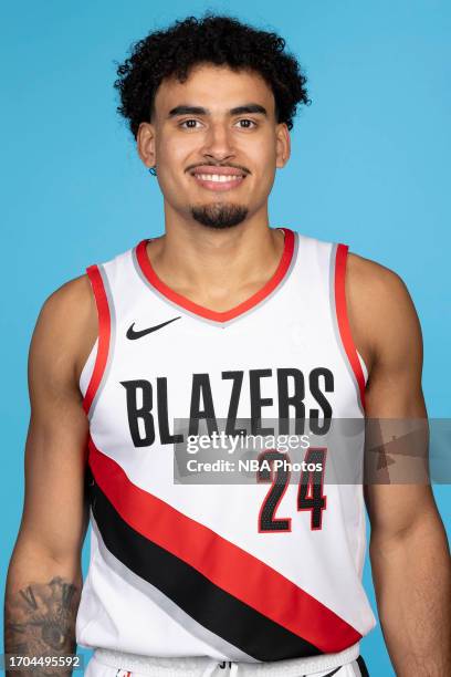 Justin Minaya of the Portland Trail Blazers poses for head shot during 2023-24 NBA Media Day on October 2, 2023 at the Moda Center Arena in Portland,...