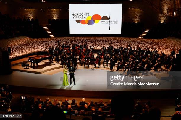 Hosts, actress Rhea Harder-Vennewald and TV Presenter Yared Dibaba during a ceremony in Hamburgs Elbphilharmonie opera house as part of the...