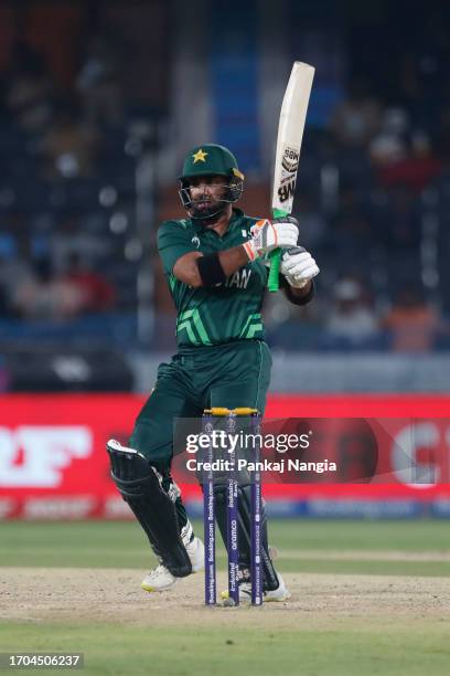 Iftikhar Ahmed of Pakistan plays a shot during the ICC Men's Cricket World Cup India 2023 warm up match between Pakistan and Australia at Rajiv...