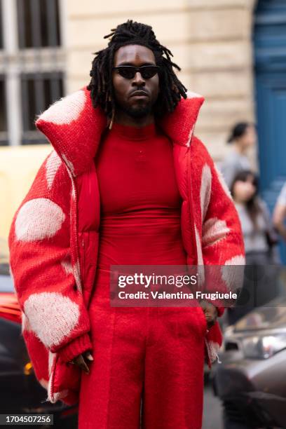 Rapper SAINt JHN is seen wearing a red Marni total lookoutside Marni show during the Womenswear Spring/Summer 2024 as part of Paris Fashion Week on...