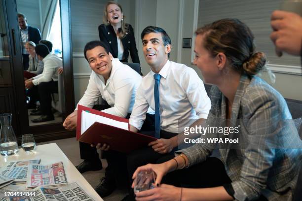 Prime Minister Rishi Sunak holds a meeting with his staff in his hotel room ahead of his keynote speech to the Conservative Party annual conference...