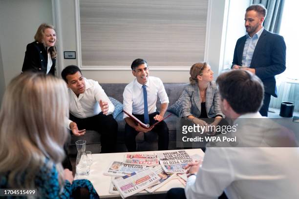 Prime Minister Rishi Sunak holds a meeting with his staff in his hotel room ahead of his keynote speech to the Conservative Party annual conference...