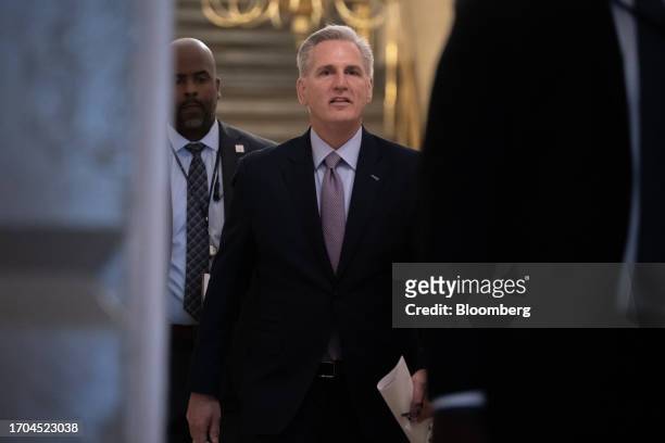 House Speaker Kevin McCarthy, a Republican from California, arrives to a caucus meeting at the US Capitol in Washington, DC, US, on Tuesday, Oct. 3,...