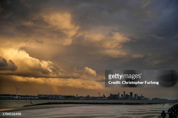 Storm clouds gather over Liverpool and the river Mersey as the winds of Storm Agnes approaches the UK on September 27, 2023 in Liverpool, United...