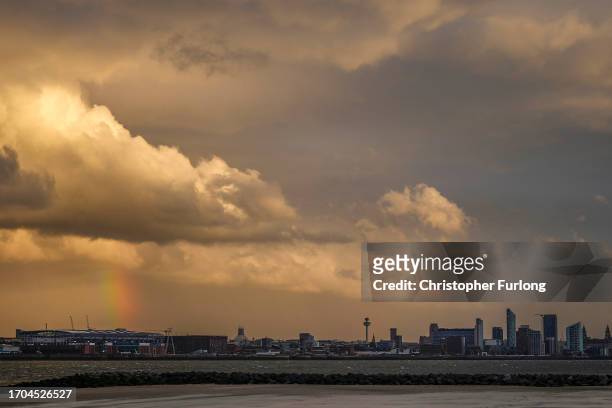 Storm clouds gather over Liverpool and the river Mersey as the winds of Storm Agnes approaches the UK on September 27, 2023 in Liverpool, United...
