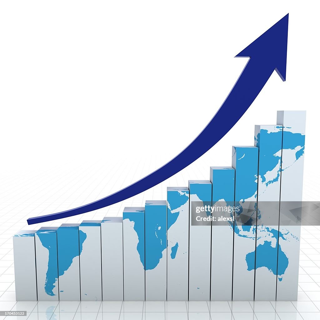 World bar graph and upward arrow