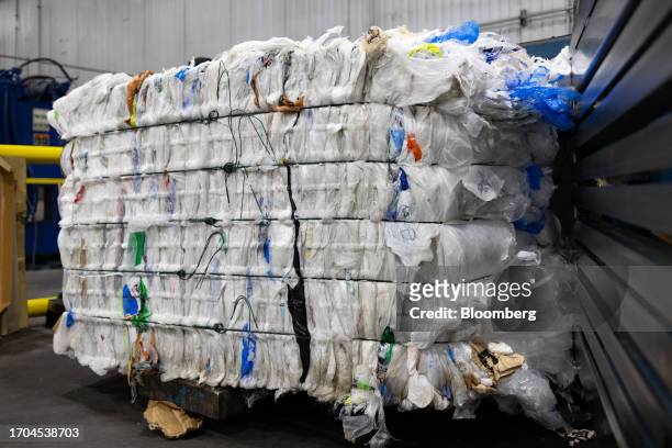 Bale of recycled plastics at an ACME and Safeway Distribution Center in Denver, Pennsylvania, US, on Tuesday, June 20, 2023. More than 500 brands...