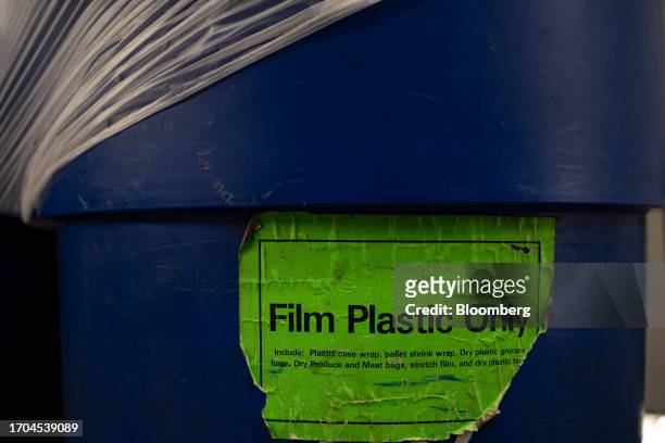 Recycling bin for film plastics at an ACME Markets grocery store and pharmacy in Thorndale, Pennsylvania, US, on Tuesday, June 20, 2023. More than...