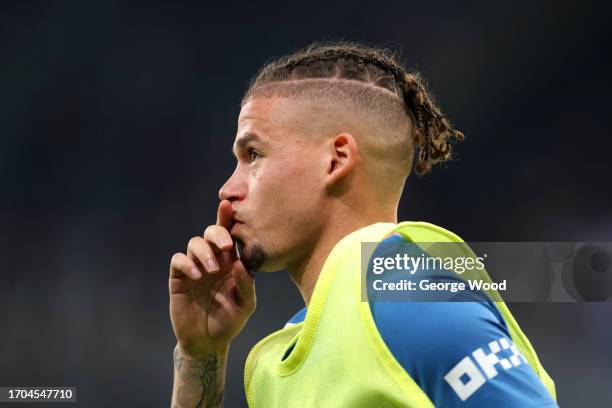 Kalvin Phillips of Manchester City warms up prior to the Carabao Cup Third Round match between Newcastle United and Manchester Cityat St James' Park...