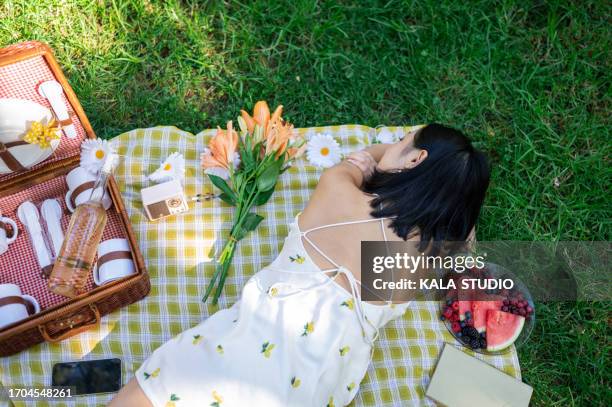 women lying down relaxed on a park - woman picnic dress stock pictures, royalty-free photos & images