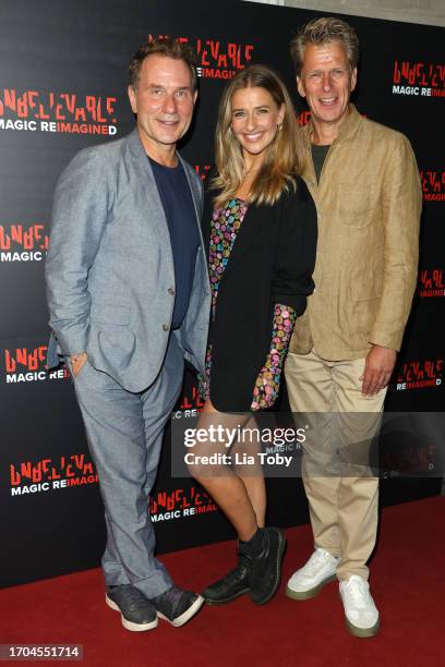 Richard Arnold, Georgina Castle and Andrew Castle arrive at the Gala Night of Derren Brown's "UNBELIEVABLE" at The Criterion Theatre on September 27,...