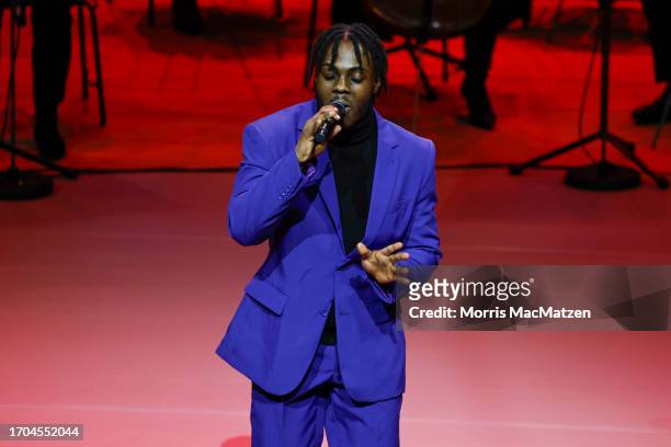 Singer Joshua -JFI- Fielder of the Hiphop Academy Hamburg performs during a ceremony in Hamburg's Elbphilharmonie opera house as part of the...