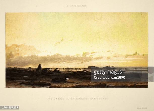 shipwrecks on a beach after the storm has passed, les débris du trois-mâts majestas by francis tattegrain, 1880s, french art - seascape stock illustrations