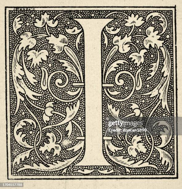 illustrations, cliparts, dessins animés et icônes de illustration vintage ornée lettre majuscule i, monogramme, victorien, 19ème siècle - lettre i
