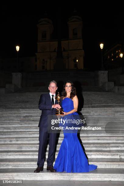 Luke Donald, Captain of Team Europe and his wife Diane Antonopoulos pose for a photo at the Spanish Steps prior to the 2023 Ryder Cup at Marco Simone...