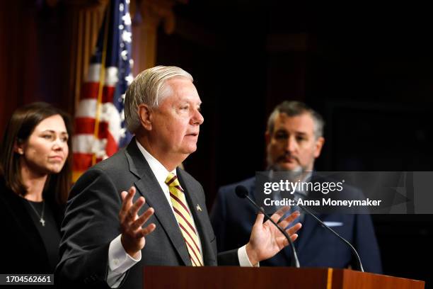 Sen. Lindsey Graham speaks during a press conference on border security at the U.S. Capitol Building on September 27, 2023 in Washington, DC. Senate...