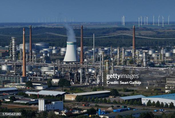 In this aerial view the PCK oil refinery stands on September 27, 2023 in Schwedt, Germany. Before Russia's military invasion of Ukraine PCK was...